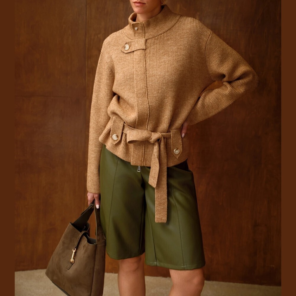 Tan Ribbed Knit Belted Cardigan with High Neck and Button Tab Trim